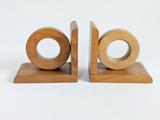 Image 1 of Midcentury Wooden Bookends Pair, Bauhaus Art Deco Style Hoop Design, Sculptural Shelf Decor