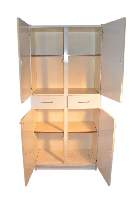 Formica kast met 4 deuren en 2 lades, wit met beige nerf, B78xD40xH175cm – Opbergkast, Metal, Wood (photo 2 of 11)