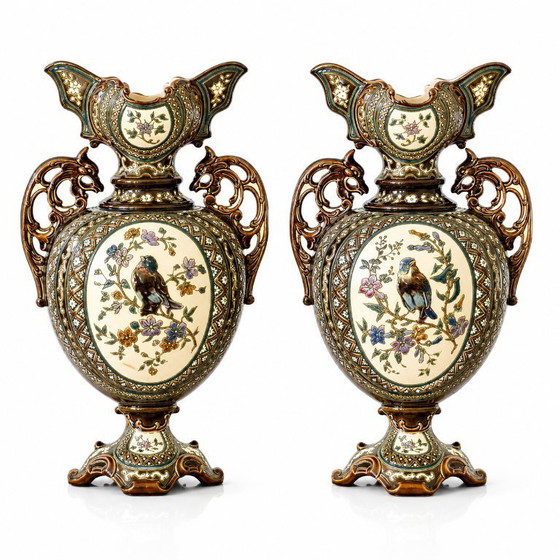 Image 1 of Pair of antique Austrian majolica vases from 1885, signed Gerbing & Stephan
