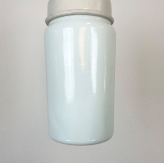 Image 1 of Industrial White Porcelain Pendant Light with Milk Glass, 1970s