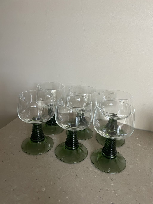 6x wijnglas vintage groene voet