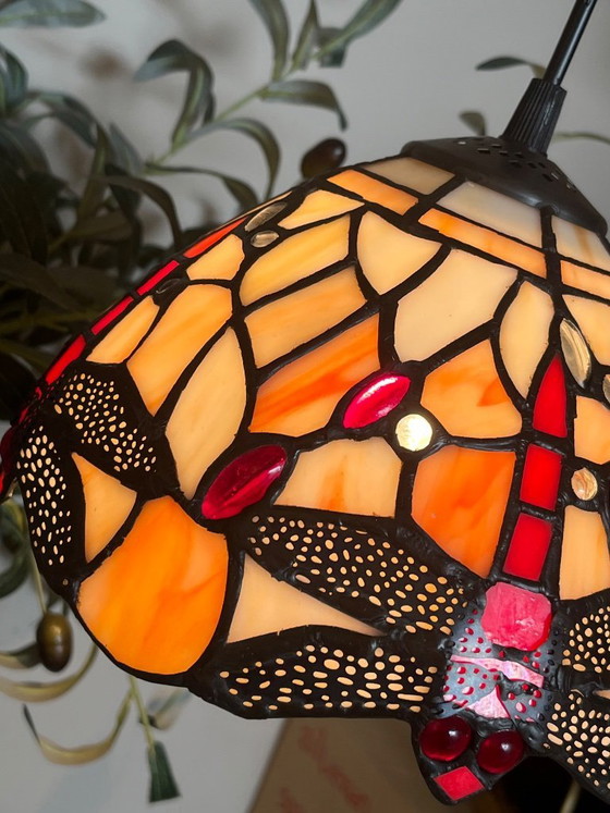 Image 1 of Stained glass pendant lamp with dragonflies beige with red
