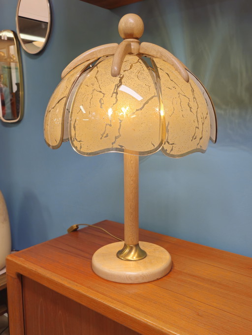 Vintage Tischlampe, Schreibtischlampe, Holz, Glas, Messing