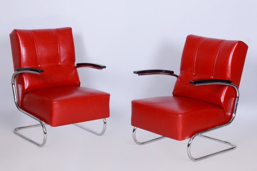 Ensemble de deux fauteuils Bauhaus restaurés, par Vichr a Spol., chromés, Allemagne, années 1930 – Wood, Chrome