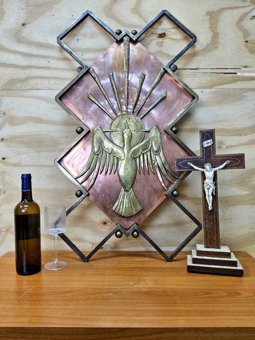 Antieke / Art Deco Heilige Geest koperen wanddecoratie (90cm hoog) 