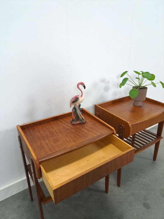 Image 1 of Teak veneer bedside table set with drawer from Sweden