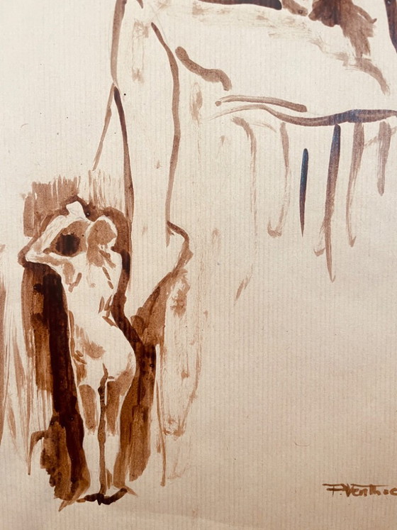 Image 1 of Painting with 2 preparatory sketches, female portrait "coming out of the bath"