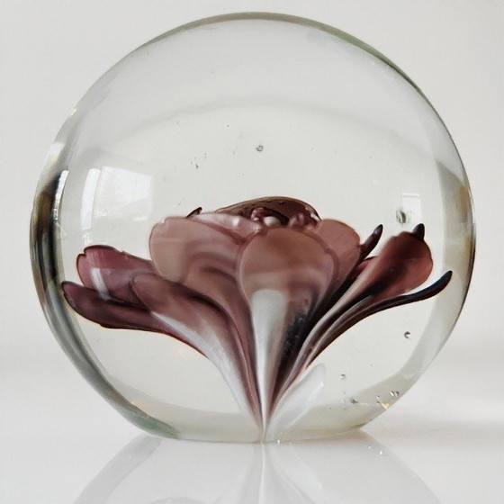Image 1 of Vintage Glass Paperweight Purple Flower Hollywood Regency