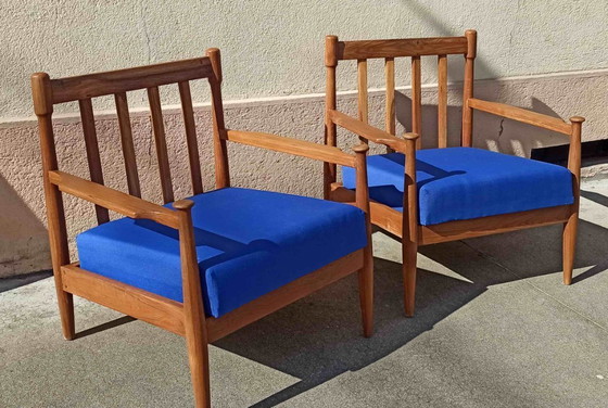 Image 1 of Pair of Scandinavian armchairs with blue cushions, 1960s