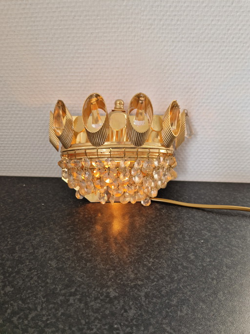 Vintage Wandlamp Palwa Goud Messing Kristallen Mooi!