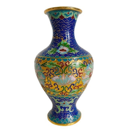 Jarrón vintage de cloisonné oriental con estampado floral azul bohemio de los años 80