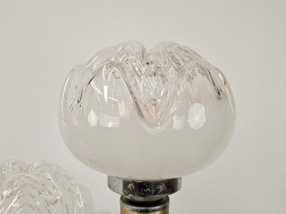 Image 1 of Lámpara de pie de cristal de Murano de mediados de siglo en madera y metal con tres puntos de luz, década de 1970
