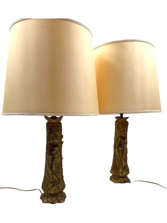 Art Nouveau Set of 2 Bronze Table Lamps, Paul Louchet France Ca. 1900s (photo 10 of 10)
