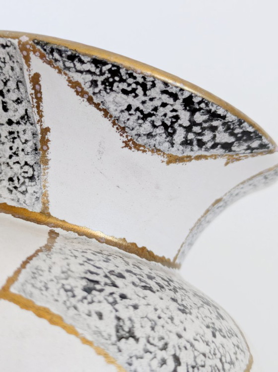Image 1 of Midcentury Ü-Keramik Vase 1960s West German Pottery, Black and White Geometric Decor Gold Rim