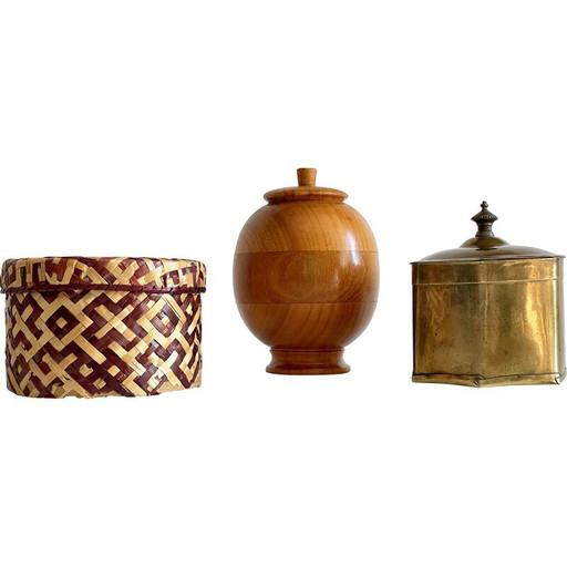 Set of 3 vintage brass and wood boxes, China