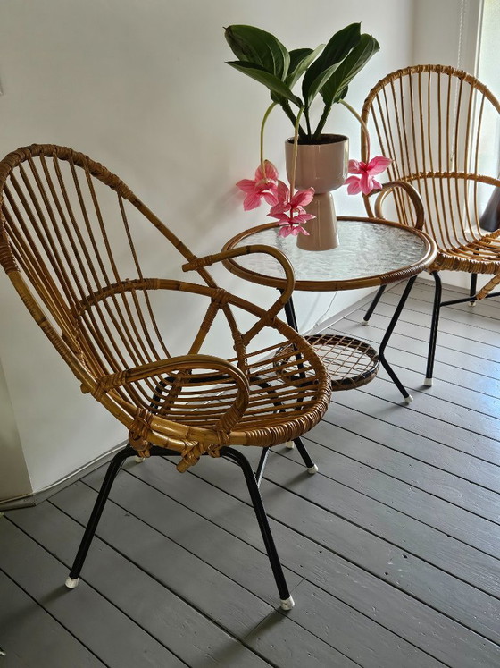 Set in Rattan Rohe Vintage – Rohé Noordwolde, Sedie da camera, Glass, Metal (photo 3 of 5)