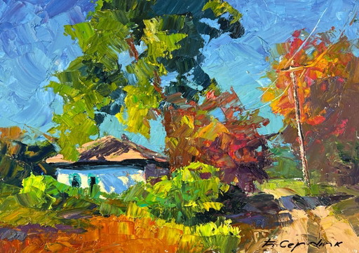 Peinture à l'Huile Originale Paysage Rural Automne Maison de Village Jour d'Octobre