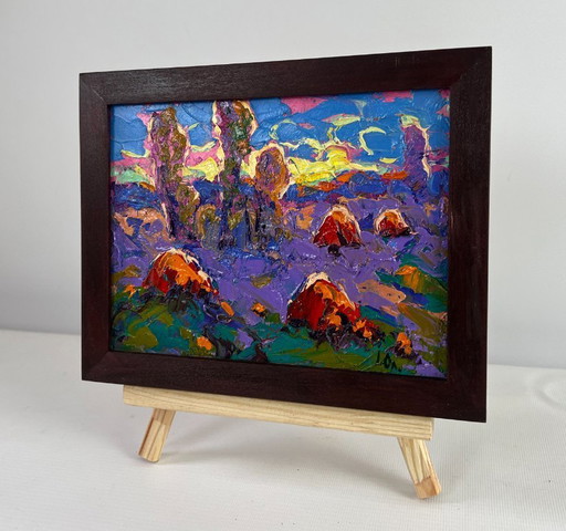 Original Oil Painting Summer Field Landscape In the blue distance of dreams
