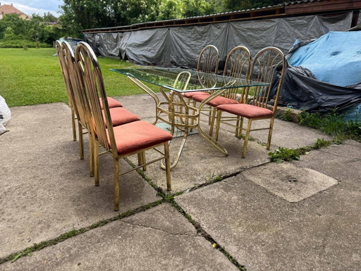 Mesa y Sillas de Comedor Italianas de Latón, años 70, Juego de 7