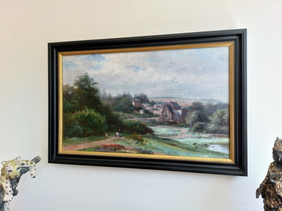 Image 1 of Paysage de village rural avec église - Henri Marcette (1824–1890)