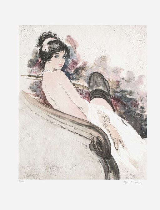 Bernard Charoy, Donna elegante con collana di perle, litografia firmata, 1998