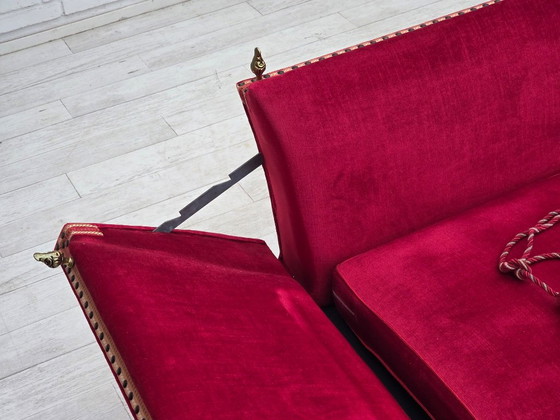 1970s, Danish 2-seater "Spanish" drop arm sofa, furniture velour., 2 seaters, Velvet, Wood, Red (photo 20 of 23)