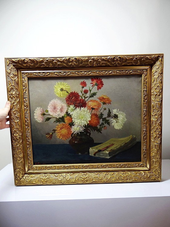 Image 1 of Oil painting on canvas, still life with chrysanthemums, signed L. Porte 1888