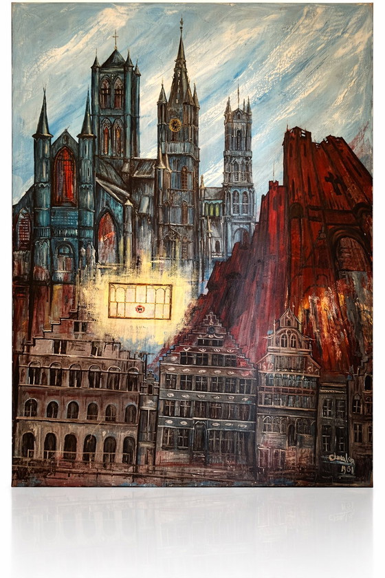 Image 1 of Monumentaal architectonisch stadsgezicht uit het midden van de 20e eeuw — Origineel schilderij (1961)