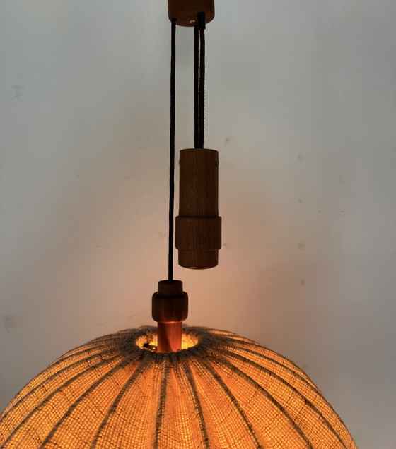 Image 1 of Vintage XL teak & wool pendant lamp, Domus '70