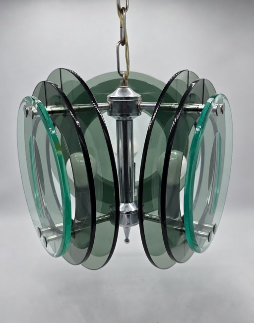 Space age Hanglamp van dik gerookt grijs-groen glas, in de stijl van Fontana Arte, ca. 1970