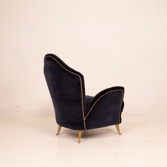 Cesare Lacca Mid Century Moderner italienischer Samt-Sessel für ISA Bergamo – Aluminium, Wood (photo 24 of 27)