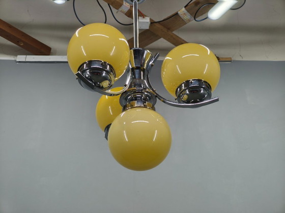 Image 1 of Art Deco Chrome and Opaline Glass Chandelier, Czechoslovakia