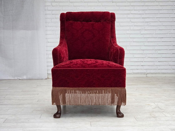 Anni '50, Poltrona vintage danese, velluto per mobili, legno di quercia., Poltrone, Rosso, Scandinavian (foto 14 di 15)