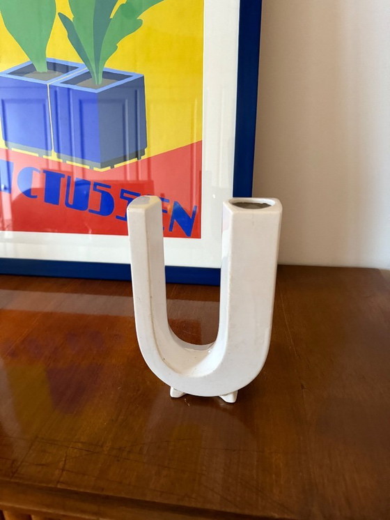 Image 1 of Space age white U letter shaped ceramic solifleur vase, Marcel Radureau ca. 1970