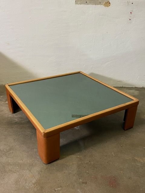 Poltrona Frau Luigi Massoni Coffee Table Leather Cognac Glass 70s, Brown (photo 5 of 6)