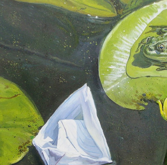 Peinture à l'huile originale, symbolisme de l'art moderne, nénuphar, grenouille, une rencontre (photo 4 of 7)