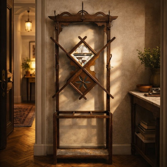 Image 1 of Vintage Wooden Wall Coat Rack Hallway Storage Hanger Unit