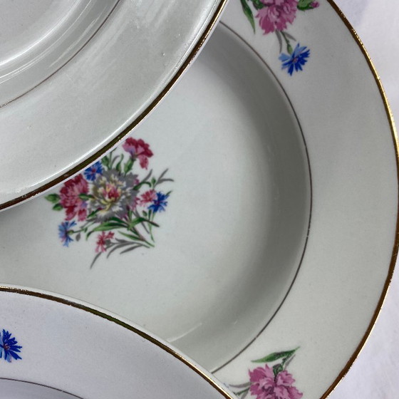 Image 1 of Set of 6 antique Sarreguemines earthenware soup plates, Cibon Nice pattern, flowers and gilding