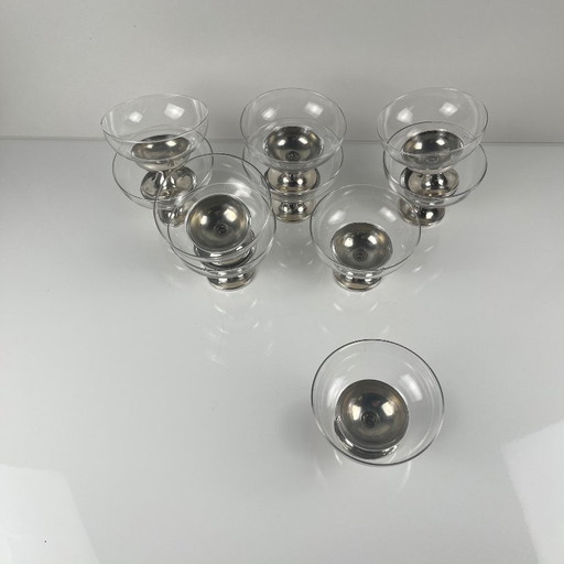 Juego de 10 vasos para postre/helado, de vidrio y metal (¿plata?), 1970
