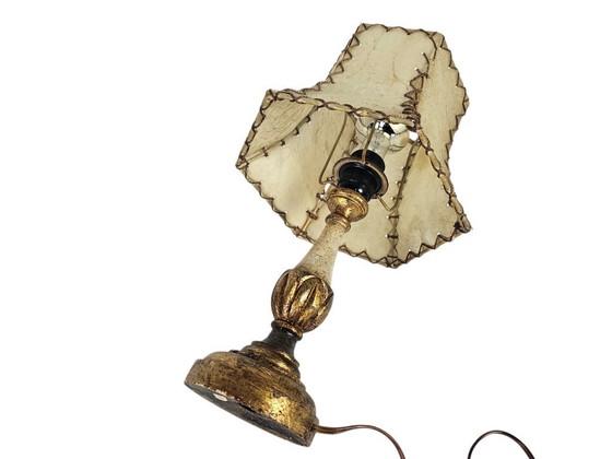 Image 1 of Italian wooden table lamp - gilded - Hollywood Regency style - pigskin handmade lampshade - 70's