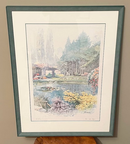 Peinture encadrée à l'aquarelle turquoise représentant un étang, par M. Marten