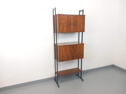 Vintage Italian modular bookcase in walnut wood and metal from the 1960s