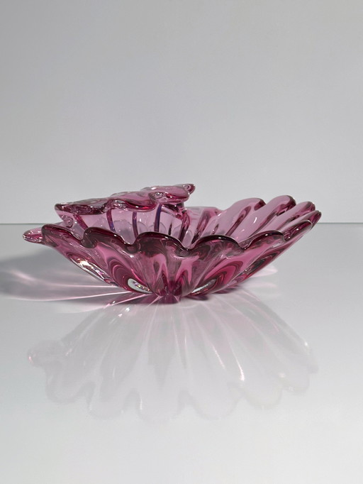 Large vintage shell-shaped bowl by Formia Vetri Murano shell cranberry glass fruit bowl Barovier Toso Heavy Italy 70s