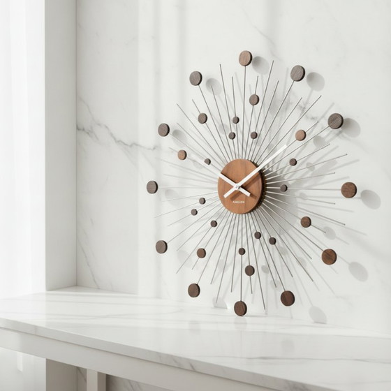 Image 1 of Karlsson Mid-Century Modern Sunburst Wandklok – Teakhout & Metaal – Ø 48 cm