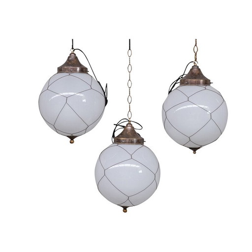 Vintage opaline and brass caged pendant lamps, Holland 1950s
