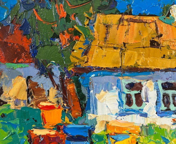 Image 1 of Original Oil Painting Summer Village Landscape Where childhood is on the grass