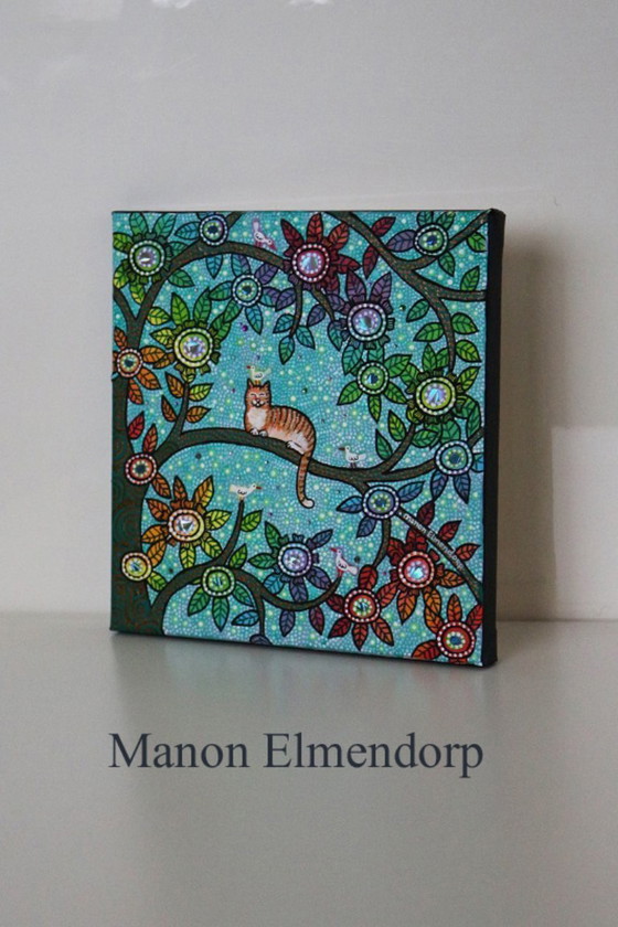 Image 1 of Handgeschilderd Schilderijtje Kat & Vogeltjes Nieuw 20x20 cm