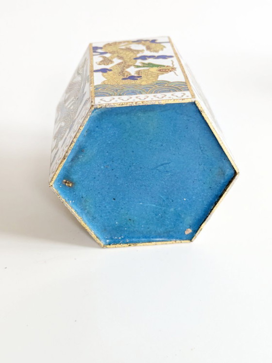 Image 1 of Set van 2 cloisonné doosjes met draak en feniks, wit emaille, vintage Chinese decoratie