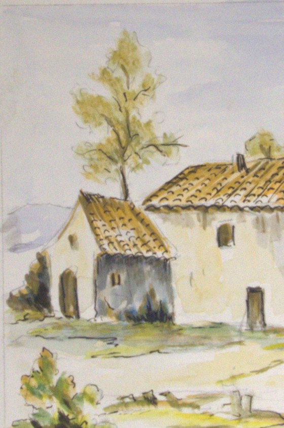 Watercolor painting of a Provençal farmhouse and two people (adult and child), 32x24cm – Paintings & Drawings (photo 4 of 5)