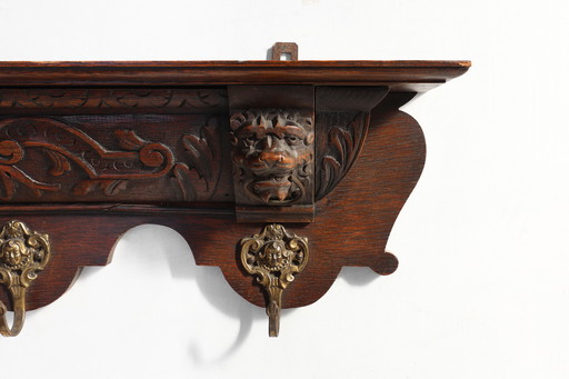 French Baroque Coat Rack of Carved Oak with Copper Hooks